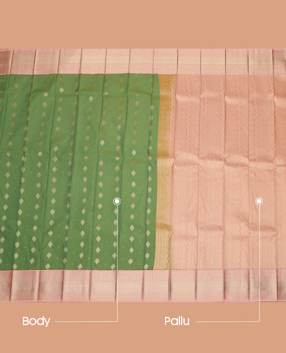Green Budget Silk Saree, Beautified with Zari Buttas on Its Body, Complemented by a Contrast Traditional Zari Design Border, Grand Geometric Patterned Pallu, and Paired with a Contrast Blouse