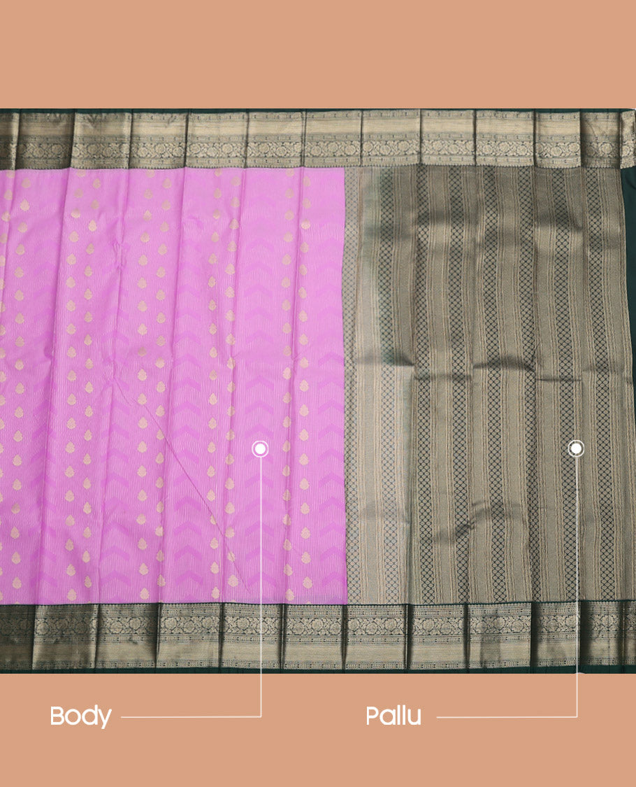 Pink Budget Silk Saree, Gleamed Up with Buttas, Complemented by a Contrast Traditional Border, Geometric Pallu, and a Contrast Blouse