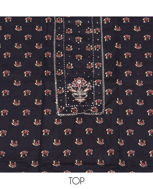 Black Cotton Material Churidar Set, Enthralled with Buttas and Mirror Work Top, Printed Bottom, and Printed Chiffon Dupatta