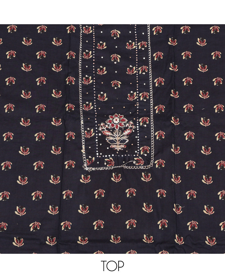 Black Cotton Material Churidar Set, Enthralled with Buttas and Mirror Work Top, Printed Bottom, and Printed Chiffon Dupatta