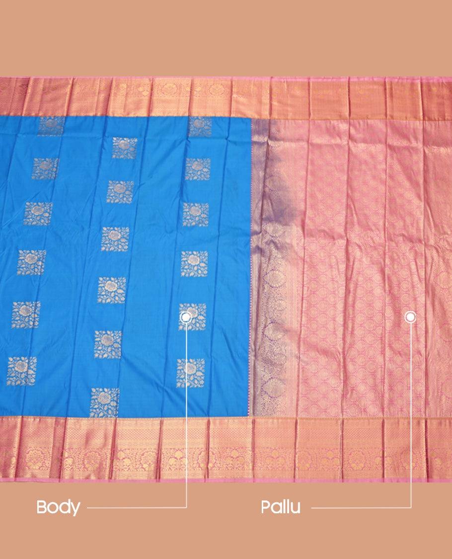 Blue Budget Silk Saree, Charmingly Accentuated with Square Buttas, Complemented by Contrast Traditional Zari Border, Grand Pallu and a Contrast Blouse