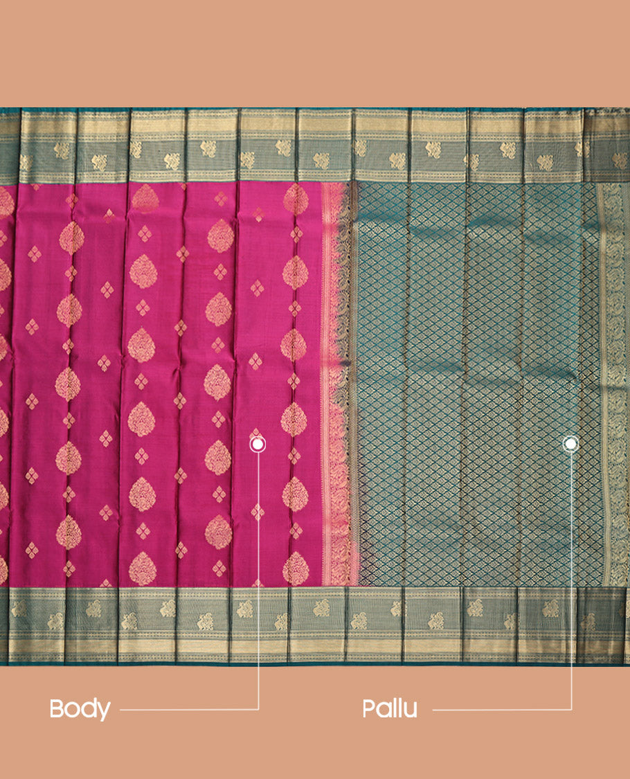 Purple Budget Silk Saree, Embellished with Zari Buttas, Complemented by a Contrast Traditional Zari Border, Jaal Pallu, and a Contrast Blouse