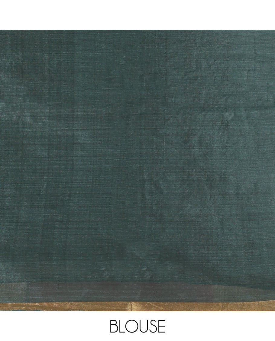 Green Tussar Saree, Woven with Buttas, a Subtle Zari Border, Pallu of Intricate Designs, and a Matching Blouse