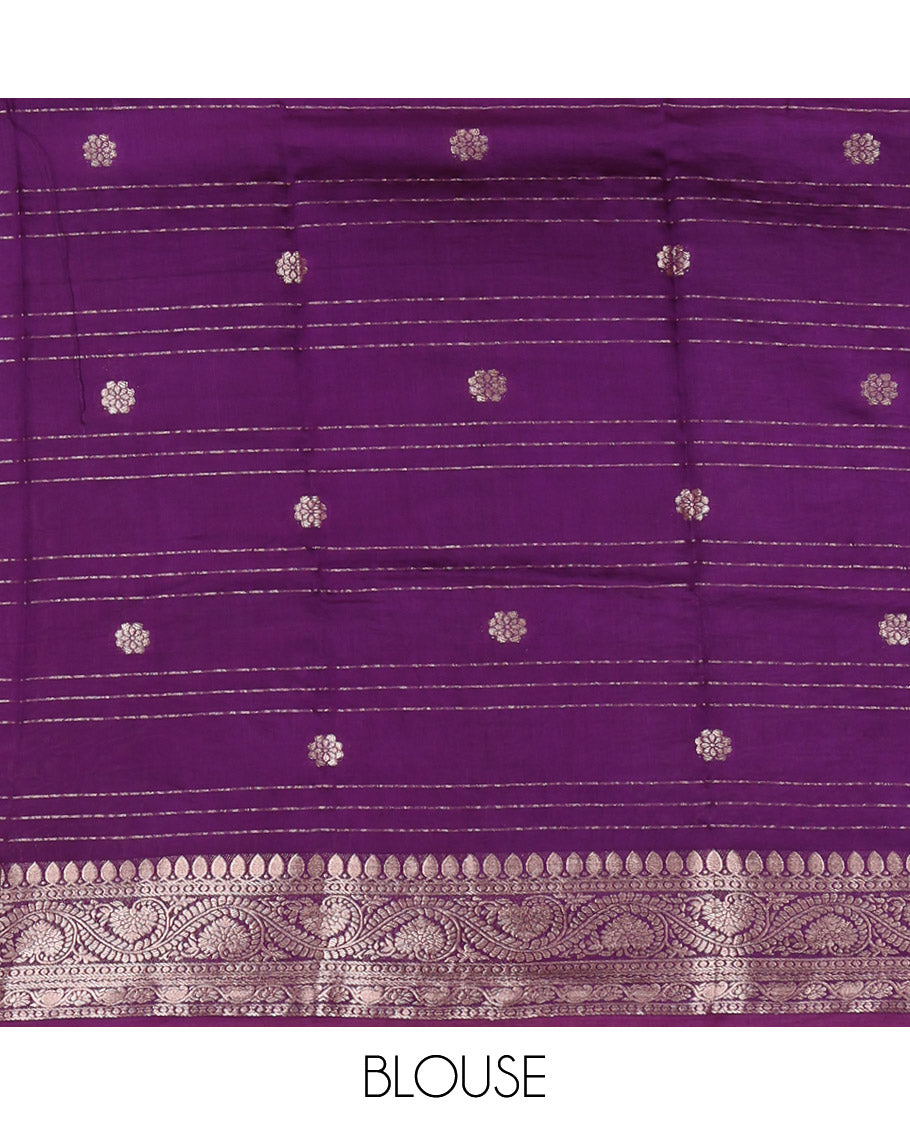 White Assam Silk Saree, Detailed with Zari Buttas and Stripes, Complemented by Contrast Floral Creeper Zari Border,  Zari Woven Pallu, and Contrast Blouse