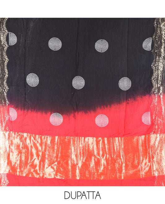 Red Semi Silk Material Churidar Set, Subtly Made Plain Top, a Plain Santoon Bottom, and Is Paired with a Dual-Colored Bandhani Motifs Semi Silk Dupatta