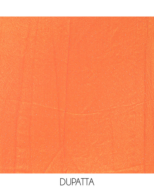 Orange Moss Organza Material Churidar Set, Gleamed Up with Swarovski Stone Work-Style Floral Top, Comes with a Plain Santoon Bottom, and Is Paired with Swarovski Stone Work Moss Organza Dupatta