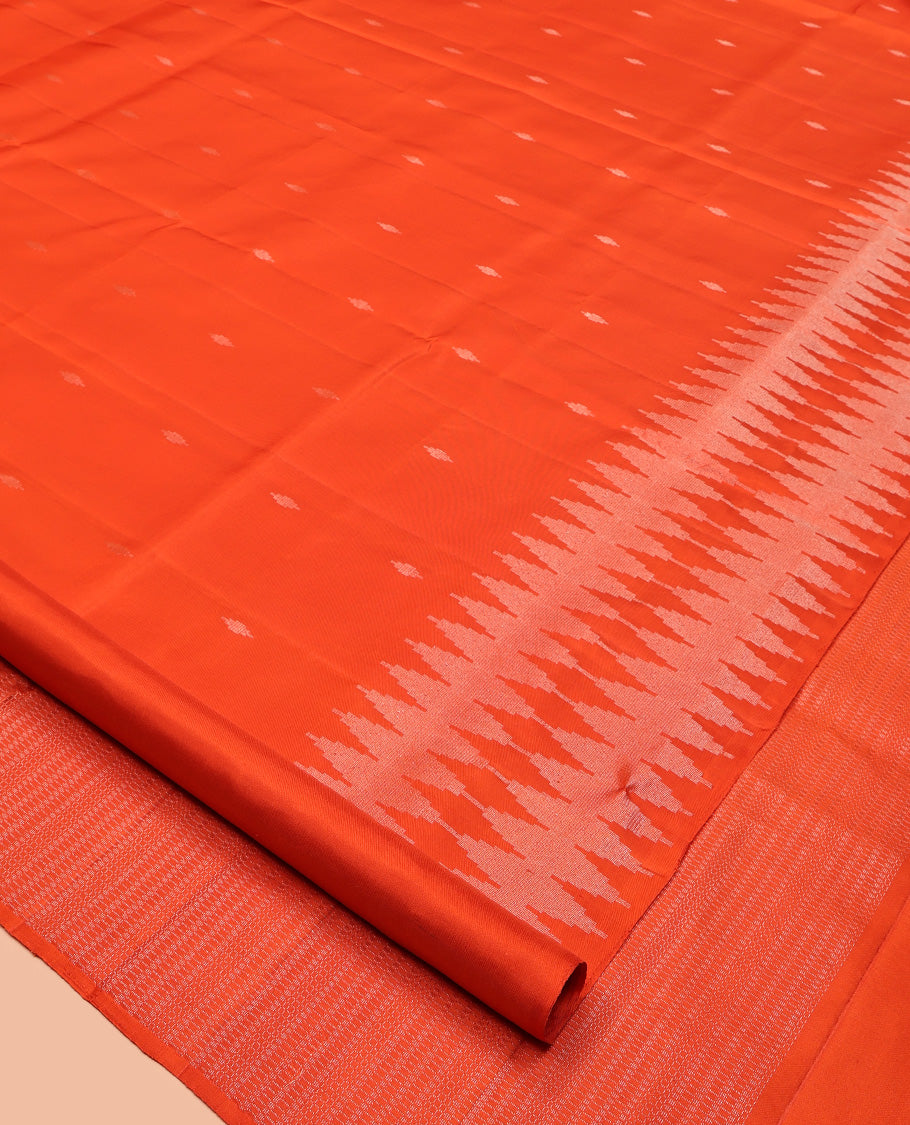 Orange Mayuri Soft Silk Saree, Subtly Sparkled with Buttas All Over Its Body, a Self-Border of Thazampoo Rekku Designs, Sparsely Woven Pallu, and Paired with a Matching Blouse