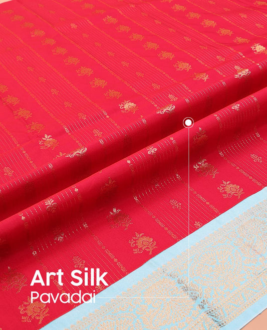 Red Art Silk Pavadai Material Set, Gleamed Up with Zari Design on Its Skirt, Complemented by a Contrast Traditional Zari Design Border, and Paired with a Contrast Blouse