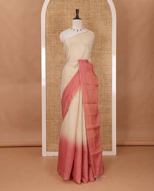 Borderless sandal-pink plain ombre-colored tissue saree, plain pallu & circle motifs printed blouse