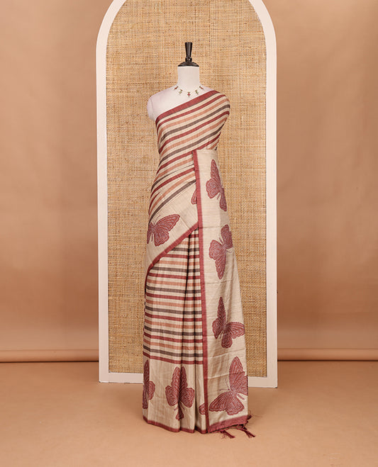 Magenta horizontal stripes printed soft tussar saree adorned with big butterfly motifs printed border and pallu, contrast blouse