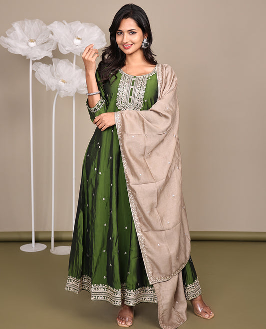 Green Ready-Made Rayon Suit, Delicately Woven with Embroidered Round-Neckline, 3/4 Sleeves, and a Straight-Cut Top, Paired with Straight-Cut Pants and a Contrast Embroidered Dupatta