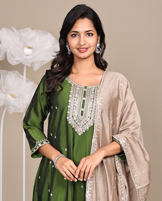 Green Ready-Made Rayon Suit, Delicately Woven with Embroidered Round-Neckline, 3/4 Sleeves, and a Straight-Cut Top, Paired with Straight-Cut Pants and a Contrast Embroidered Dupatta