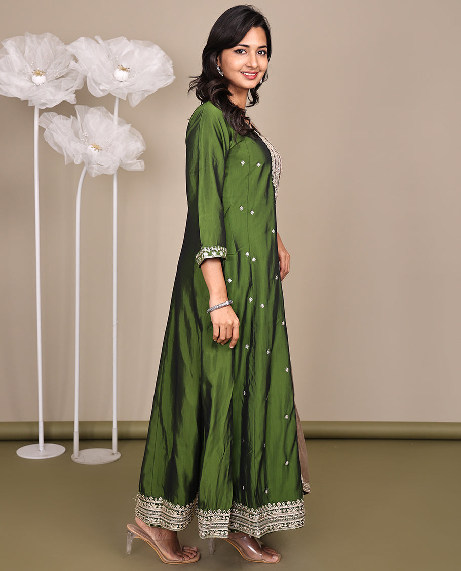 Green Ready-Made Rayon Suit, Delicately Woven with Embroidered Round-Neckline, 3/4 Sleeves, and a Straight-Cut Top, Paired with Straight-Cut Pants and a Contrast Embroidered Dupatta