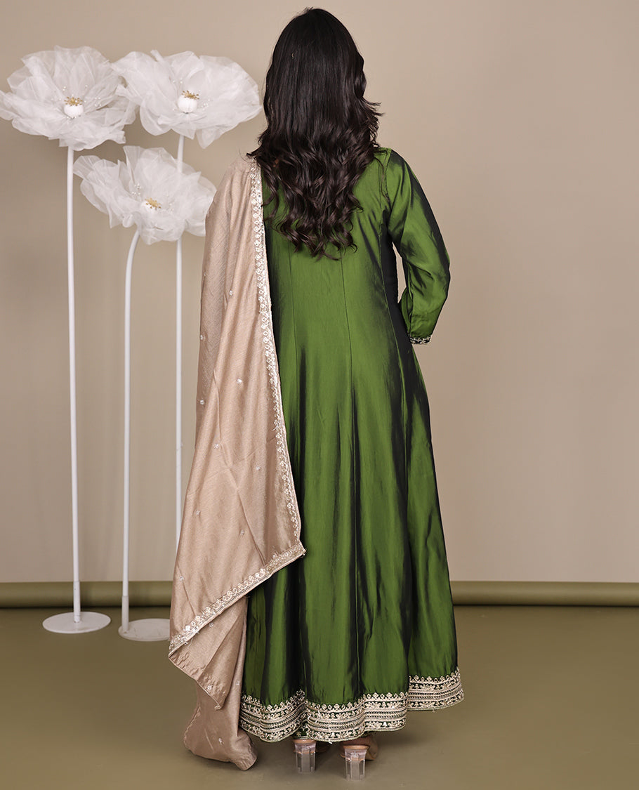 Green Ready-Made Rayon Suit, Delicately Woven with Embroidered Round-Neckline, 3/4 Sleeves, and a Straight-Cut Top, Paired with Straight-Cut Pants and a Contrast Embroidered Dupatta