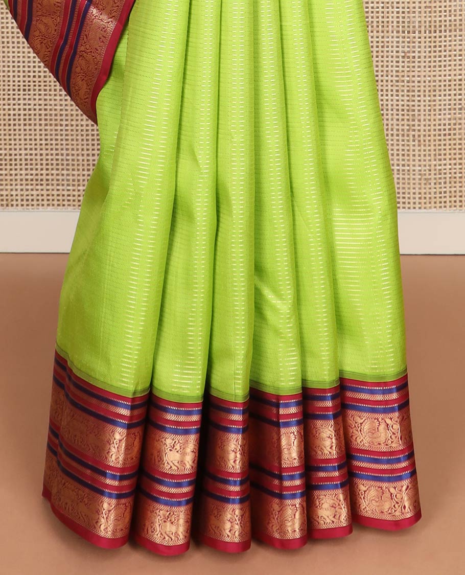 Green zari striped silk saree, contrast border & pallu of muthu,kathir,bentex & kodi mayil,yaali & yaanai designs