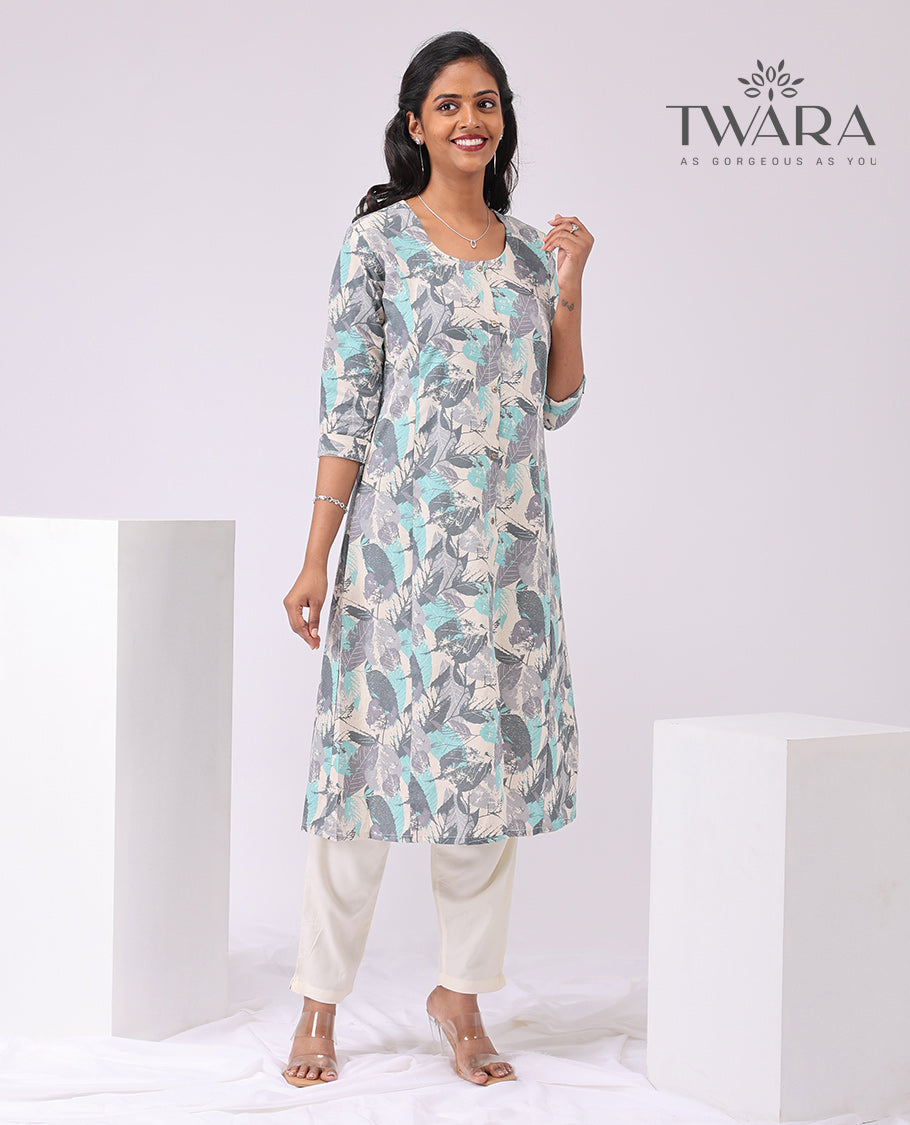 Twara cream leaf printed round neck, knee lenght, 3/4 th sleeve , a line kurti 