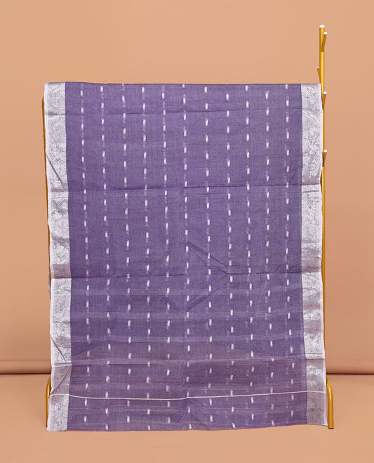 Lavender Bengal Cotton Saree, Enthralled with Buttas All Over Its Body, Complemented by a Contrast Paisley Zari Design Border, Pallu of Stripes, and Paired with a Matching Blouse