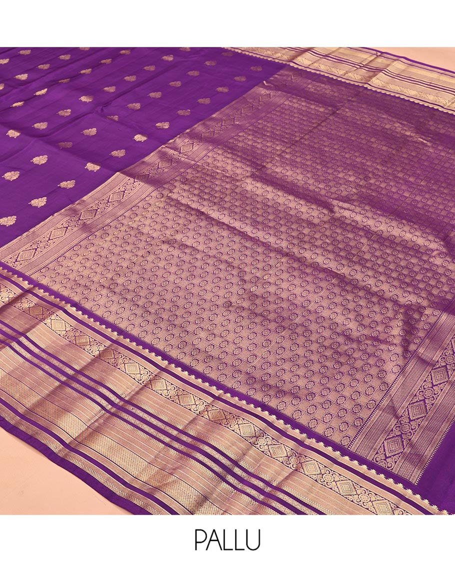 Violet Vasundhara Lite Silk Mix Saree, Elevated with Zari Buttas On Its Body, Highlighted by Rekku, Diamond, Kathir, Neli, and Mayil Kann Designs, Grandly Decked Up Pallu and Paired with a Matching Blouse