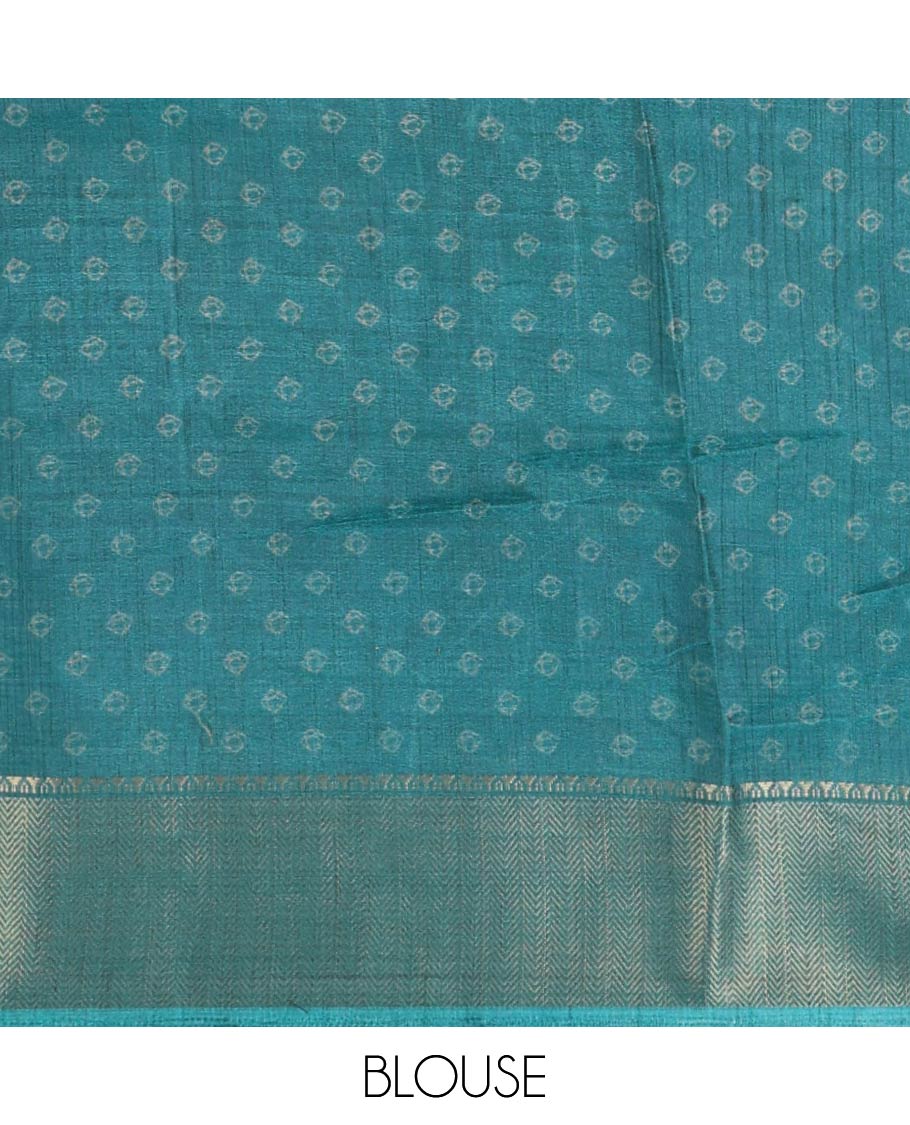 Blue bandhani butta printed dola silksaree,contrast traditional zari border,bandhani printed pallu & butta printed blouse