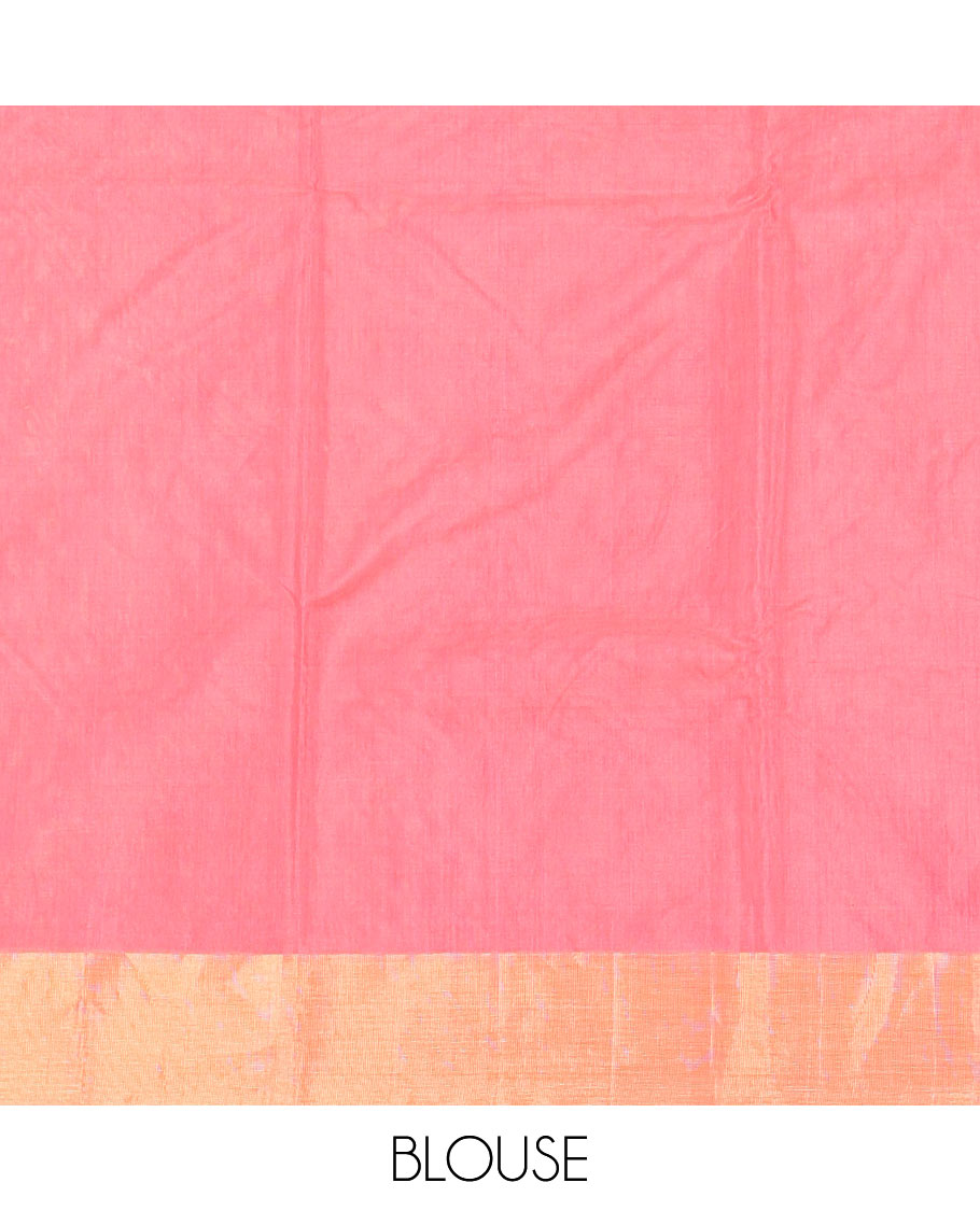 Light pink  floral motifs chanderi cotton saree with contrast zari border & striped pallu