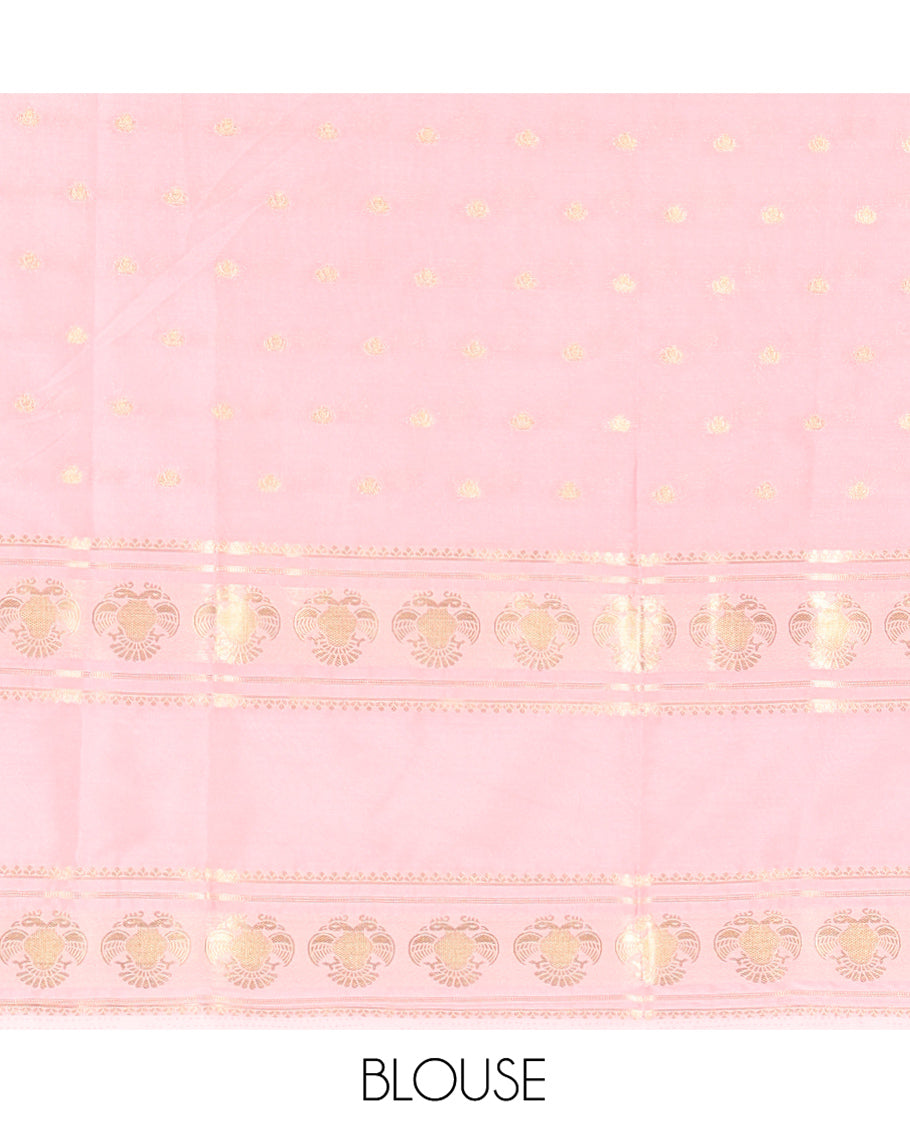 Wine Art Mysore Silk Saree, Decorated with Zari Buttas All Over Its Body, Complemented by a Contrast Rettai Pettu Border of Two-Headed Eagle Designs, Pallu Steeped with Buttas and Stripes, and Paired with a Contrast Blouse