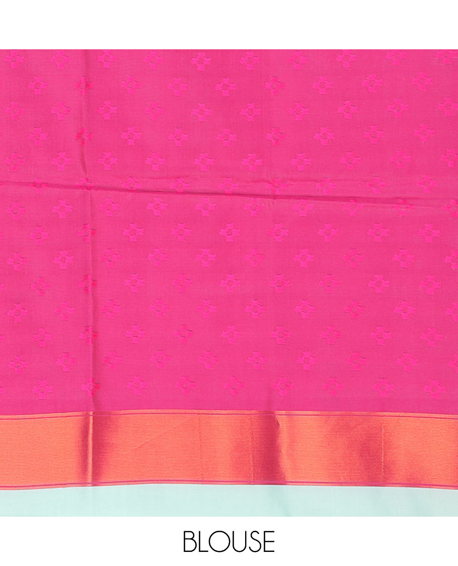 Blue floral motifs butter silk saree with contrast zig zag striped border & geometric motifs pallu