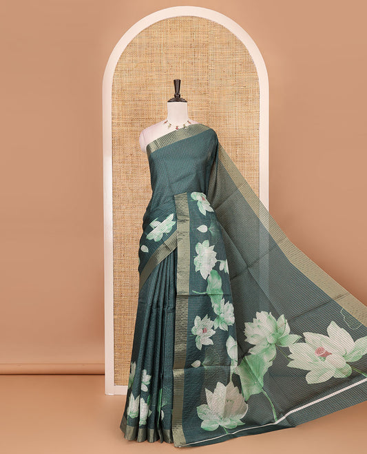 Green zari checked & Pichwai Lotus digital printed semi-tussar saree, gold zari bavanji border & matching zari checked blouse