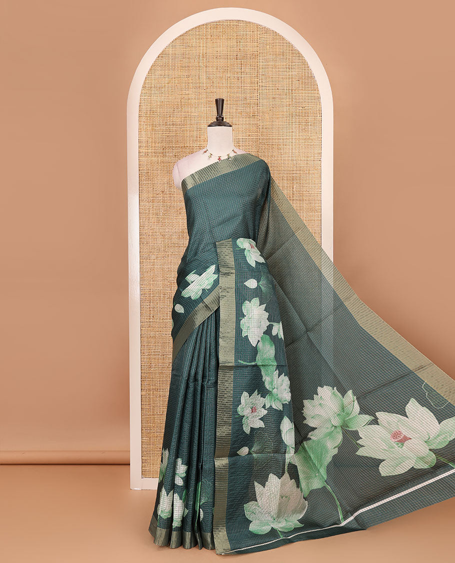 Green zari checked & Pichwai Lotus digital printed semi-tussar saree, gold zari bavanji border & matching zari checked blouse