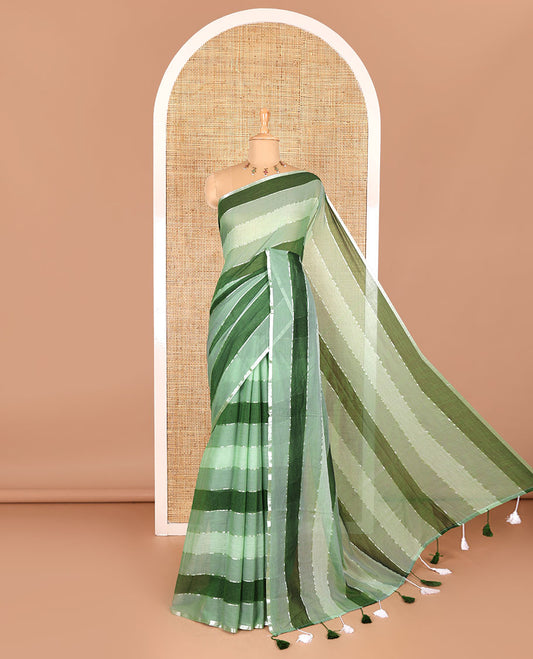 Green ombre-colored striped khadi mul cotton saree, zari piping border, striped pallu, and a matching striped blouse
