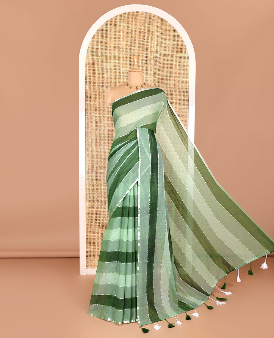 Green ombre-colored striped khadi mul cotton saree, zari piping border, striped pallu, and a matching striped blouse