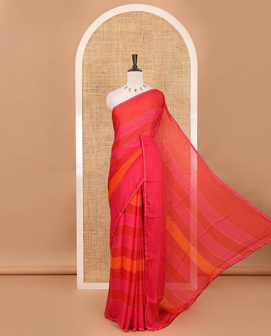 Pink horizontal stripes printed lassi cotton saree, lace border & contrast buttas woven blouse