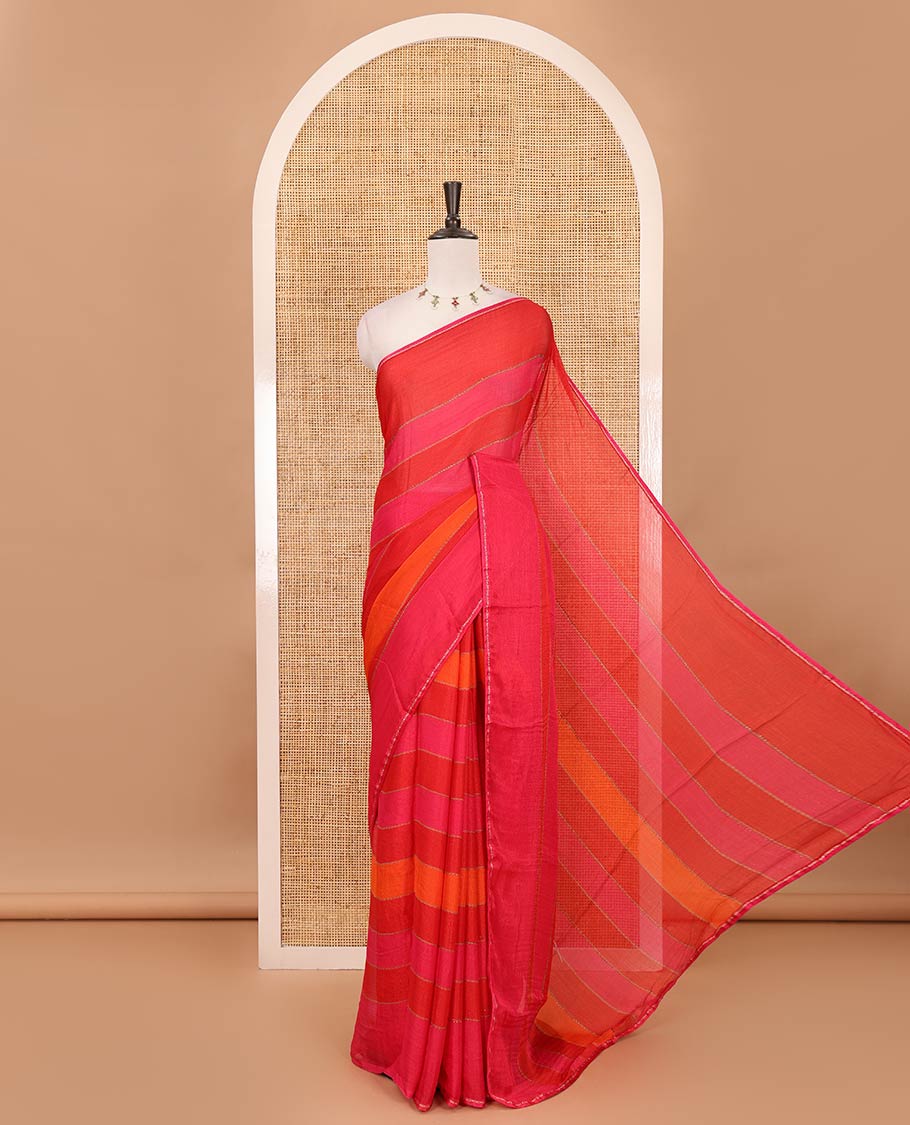 Pink horizontal stripes printed lassi cotton saree, lace border & contrast buttas woven blouse