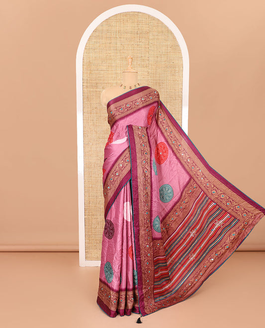 Pink bandhani printed with mirror work moss crepe saree, contrast traditional design mirror work border, printed pallu of Swarovski stone work, and a contrast plain blouse