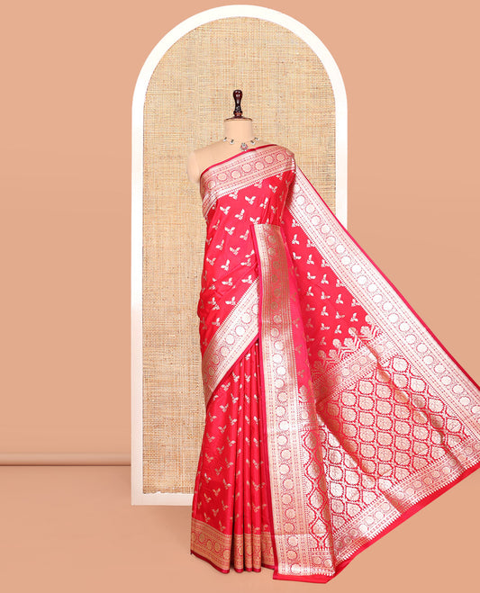 Red Banarasi Nylon Saree, Delicately Woven with Buttas, Floral Creeper Zari Border, Intricate Pallu, and a Matching Blouse