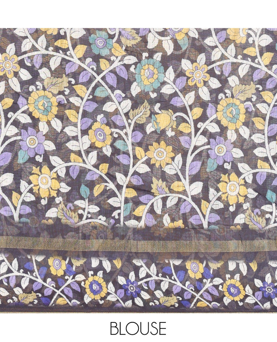 Yellow Linen Cotton Saree, Subtly Printed With Checked Design On Its Body, Complemented by Contrast Border of Kalamkari-Style Floral Vine Print, Pallu of Kalamkari Peacock Print, and Paired with a Contrast Blouse