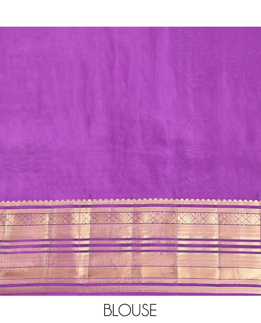 Violet Vasundhara Lite Silk Mix Saree, Elevated with Zari Buttas On Its Body, Highlighted by Rekku, Diamond, Kathir, Neli, and Mayil Kann Designs, Grandly Decked Up Pallu and Paired with a Matching Blouse
