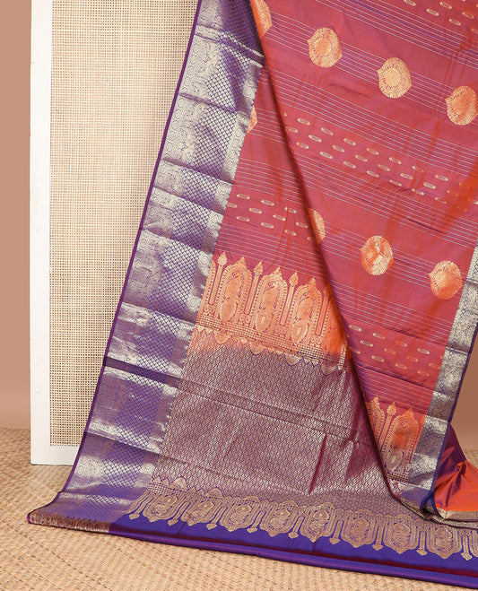 Brown striped, floral design gift saree with contrast zari design border & argyle design pallu