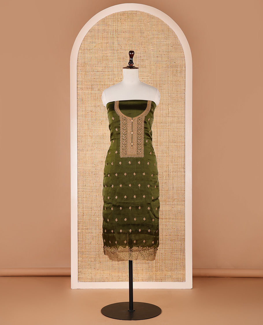Mehendi green chudidar material set, floral design thread embroidered Burberry top, floral-themed embroidered Burberry dupatta & plain Santoon bottom
