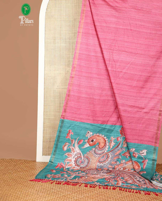 Onion pink semi kicha tussar saree with small zari border & kalamkari pallu along with floral printed blouse