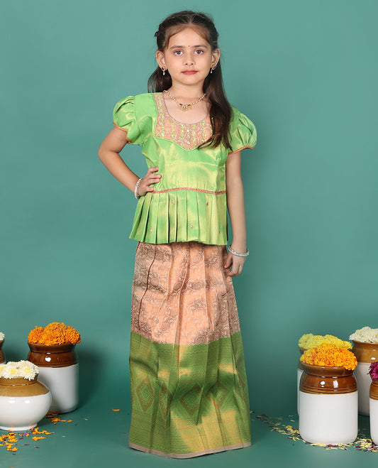 Peach readymade art silk pavadai, jacquard & contrast traditional zari border skirt, & puff-sleeve round-neck blouse