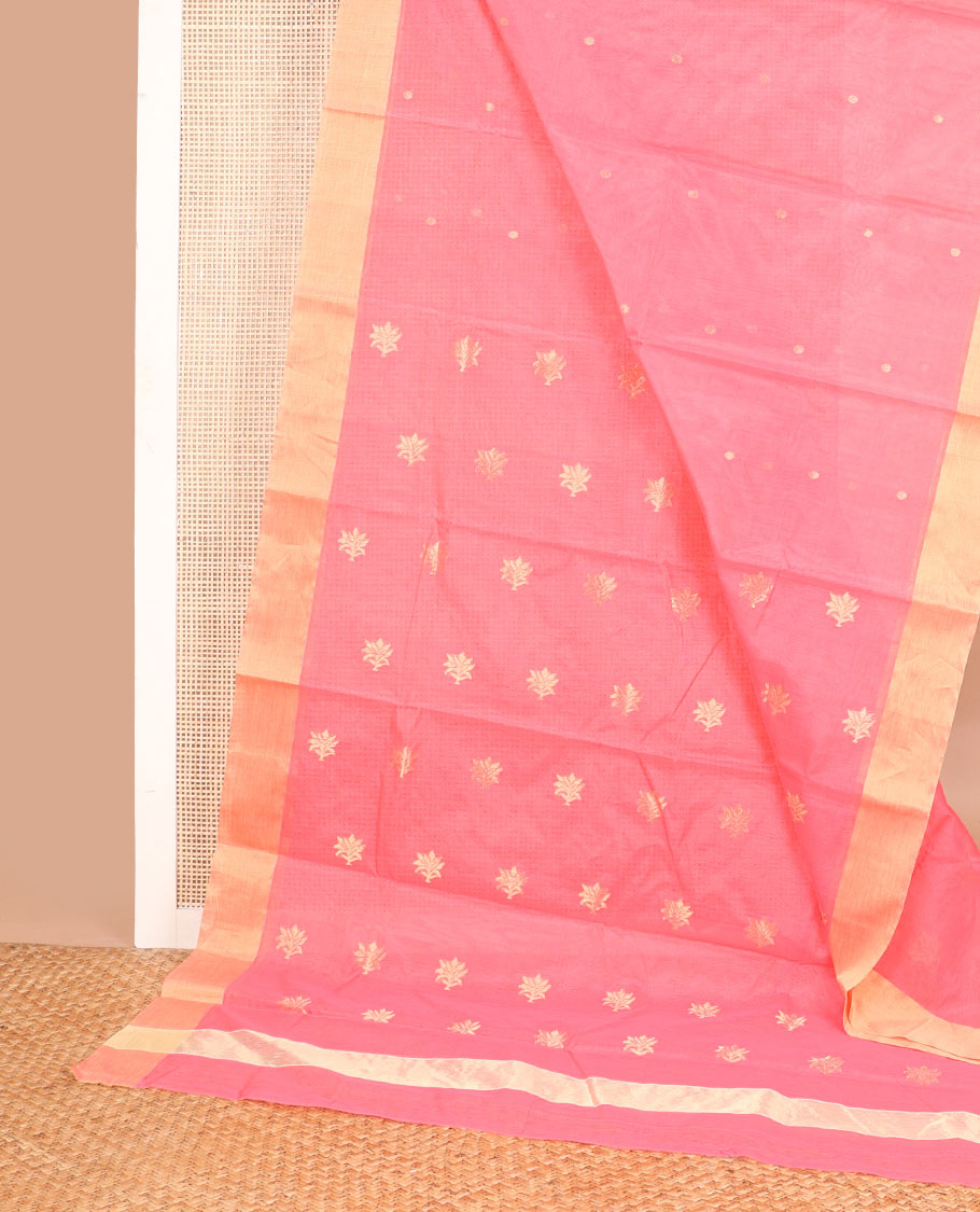 Light pink  floral motifs chanderi cotton saree with contrast zari border & striped pallu