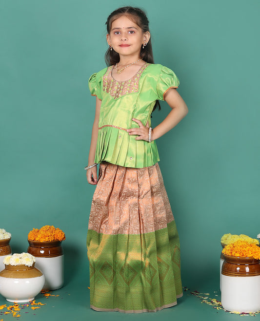 Peach readymade art silk pavadai, jacquard & contrast traditional zari border skirt, & puff-sleeve round-neck blouse