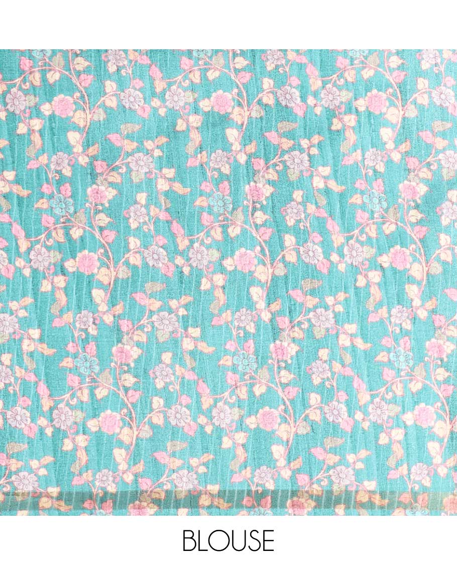 Onion pink semi kicha tussar saree with small zari border & kalamkari pallu along with floral printed blouse