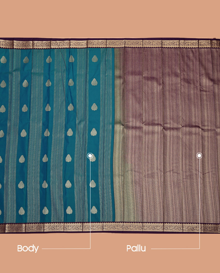 Blue Budget Silk Saree, Adorned with Zari Designs on Its Body, Complemented by a Contrast Traditional Zari Design Border, Geometric-Patterned Pallu, and Paired with a Contrast Blouse