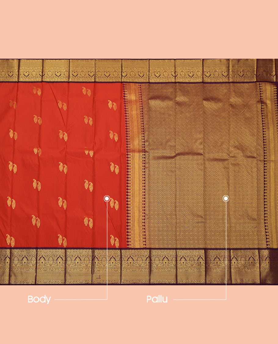 Rust Budget Silk Saree, Featuring Zari Buttas, Contrast Traditional Zari Border, Grand Jaal Pallu, and a Contrast Blouse