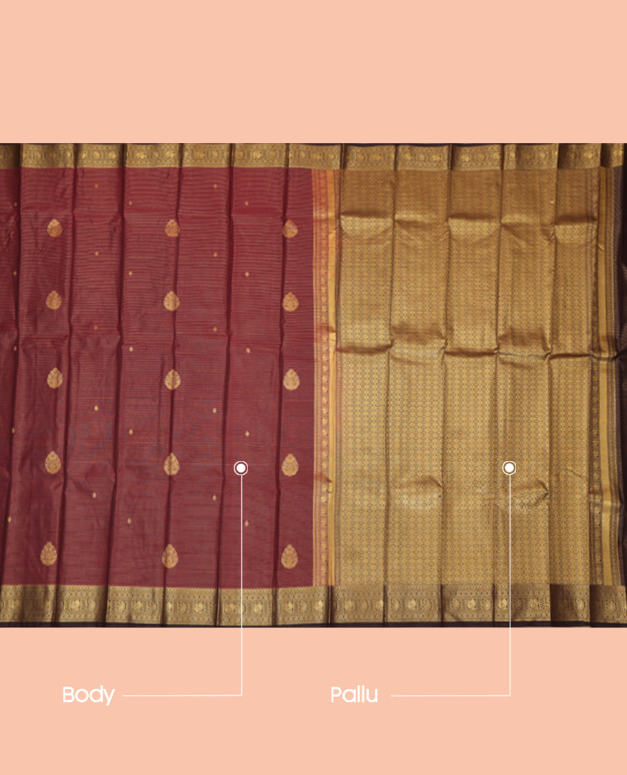 Maroon Budget Silk Saree, Woven with Zari Buttas and Stripes, Complemented by Contrast Traditional Zari Border, a Jaal Pallu and a Contrast Blouse