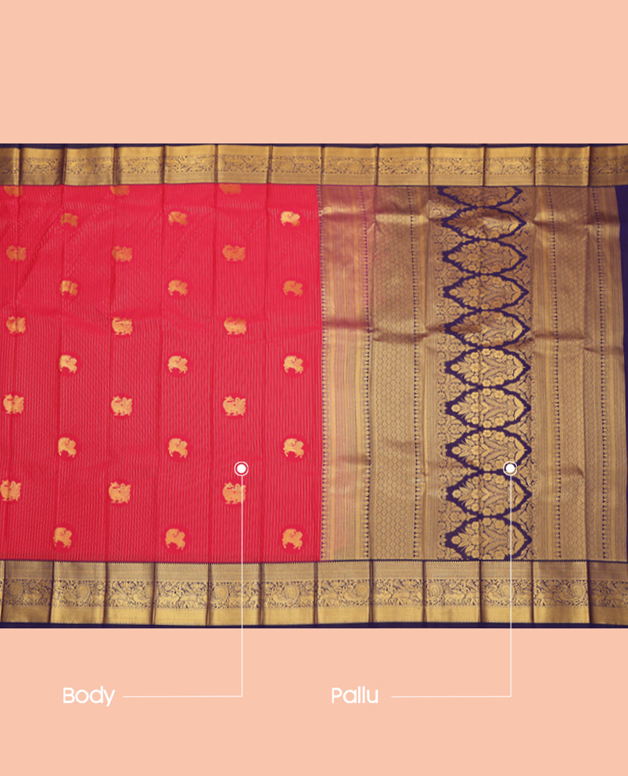 Red Budget Silk Saree, Enriched with Horse Buttas and Stripes, a Contrast Traditional Elephant-Peacock Zari Border, a Grand Pallu and a Contrast Blouse
