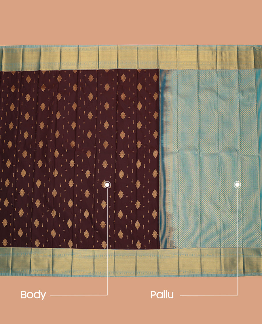 Brown Budget Silk Saree, Beautified with Zari Buttas, a Contrast Traditional Zari Border, Intricate Pallu, and a Contrast Blouse
