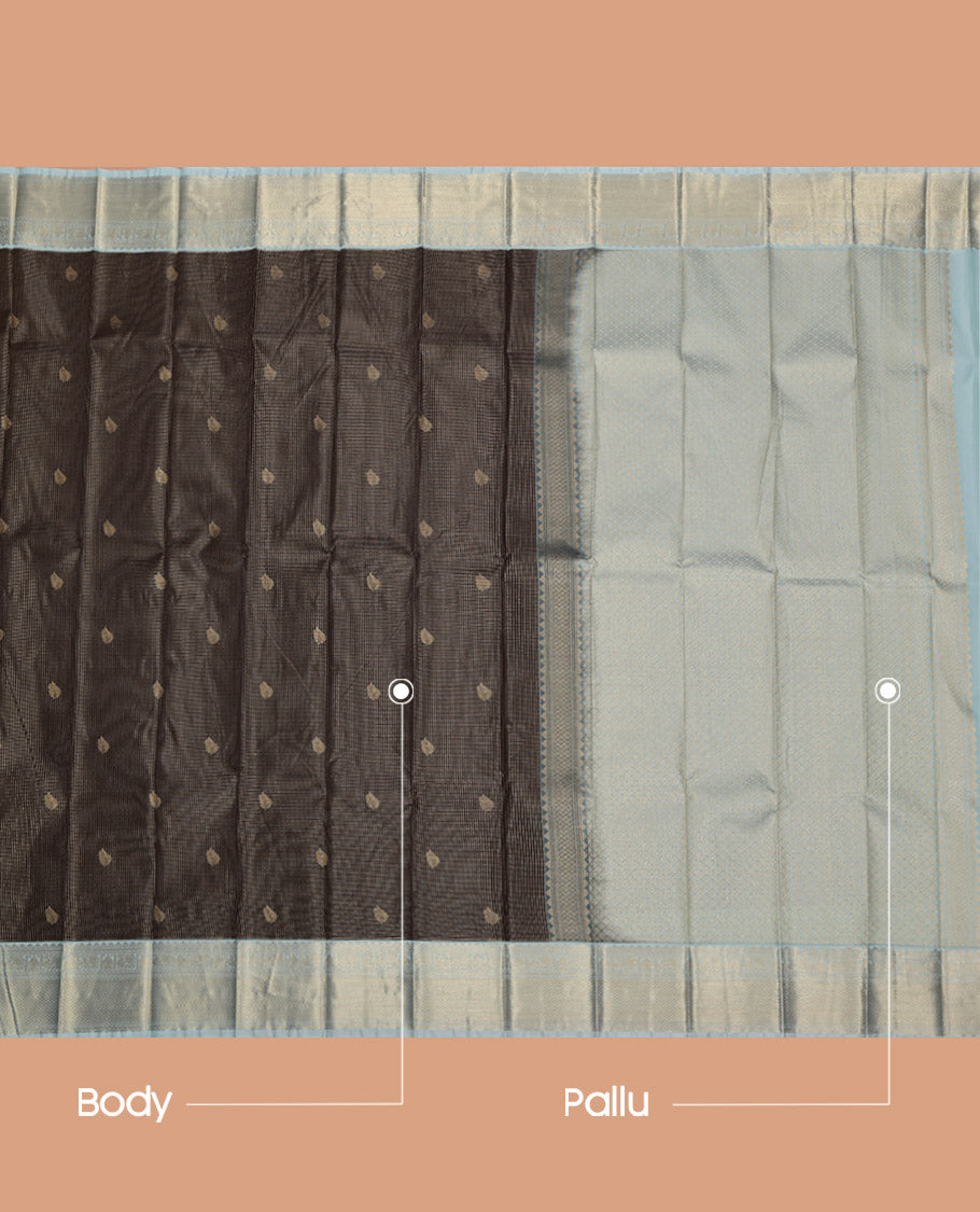Brown Budget Silk Saree, Detailed with Zari Butta Enclosed Checks on Its Body, Complemented by a Contrast Traditional Zari Border, Jaal Pallu, and Paired with a Contrast Blouse