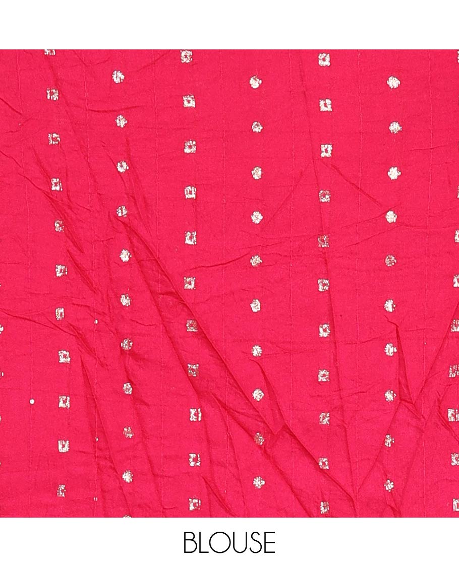 Pink horizontal stripes printed lassi cotton saree, lace border & contrast buttas woven blouse